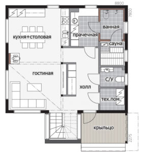 Двухэтажный дом с застекленным фронтоном и односкатной крышей Т035