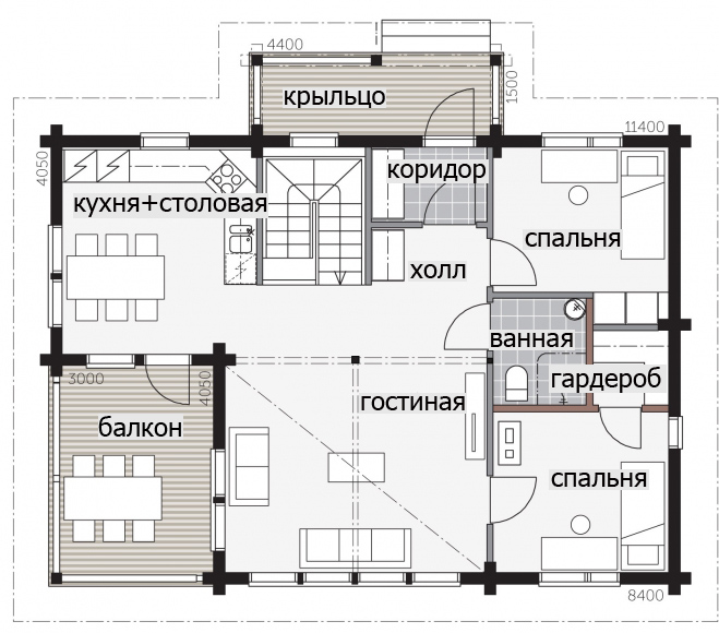 Двухэтажный дом с крытой террасой-балконом Т031