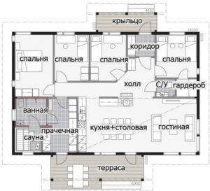Одноэтажный финский дом с высокой односкатной крышей Т040