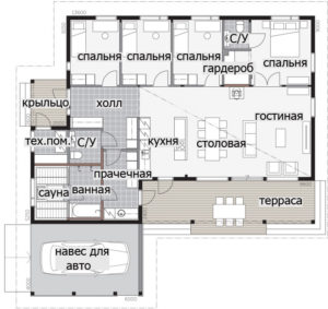 Одноэтажный финский дом с навесом для автомобиля Т042