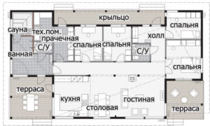 Одноэтажный финский дом с высокой односкатной крышей Т046