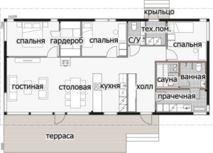 Одноэтажный дом с односкатной крышей и застекленным фасадом.Т052