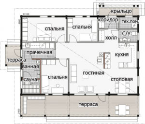 Одноэтажный дом с двухскатной крышей и застекленным фасадом Т059