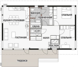 Одноэтажный дом с террасой под общей крышей с застекленным фасадом Т080