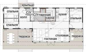 Одноэтажный дом с двускатной крышей и застекленной гостиной Т081